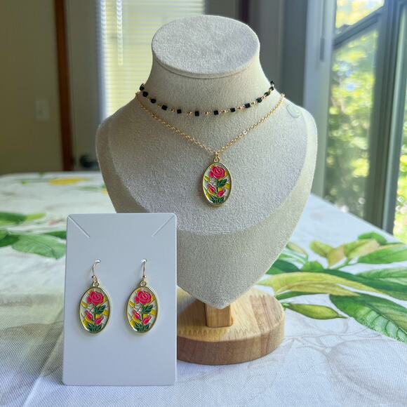 Novelty Rose Layered Choker Necklace Stained Glass Window Floral Fun Necklace - Picture 7 of 8